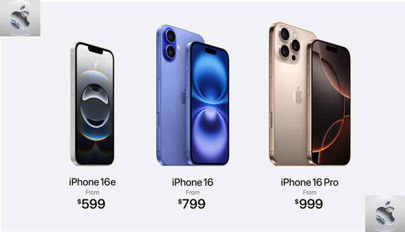 Price comparison between Iphone 16e, Iphone 16 and Iphone 16 Pro